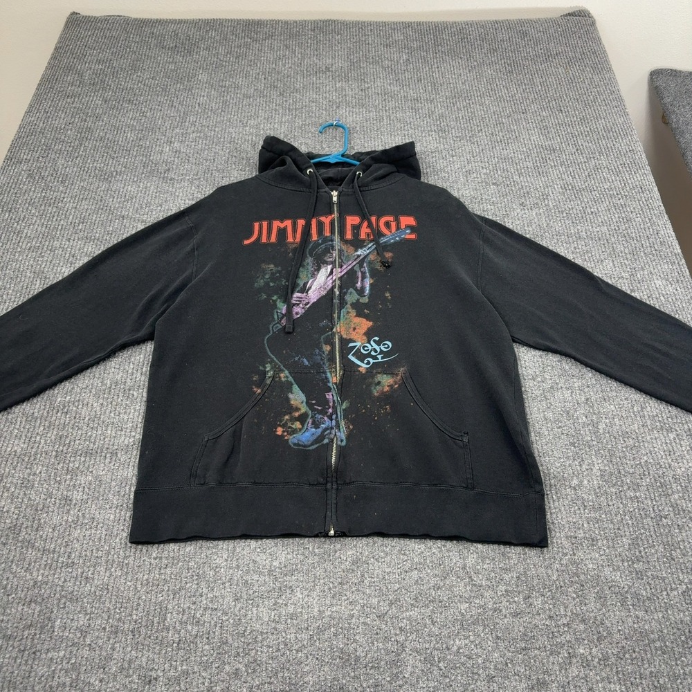 Jimmy Page Hoodie Mens M Black Cotton Full Zip Zoso Graphic Rock Band Tour Style